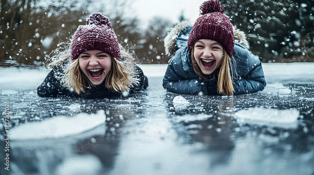 Two friends sliding on their stomachs across a frozen pond laughing wildly.