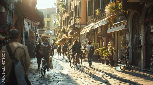 City centre street with people, cars, transportation and nature. Travel