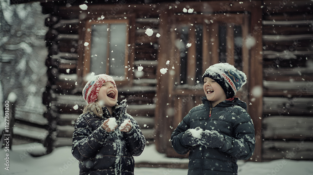 Two kids laughing and throwing snowballs in front of a rustic cabin.