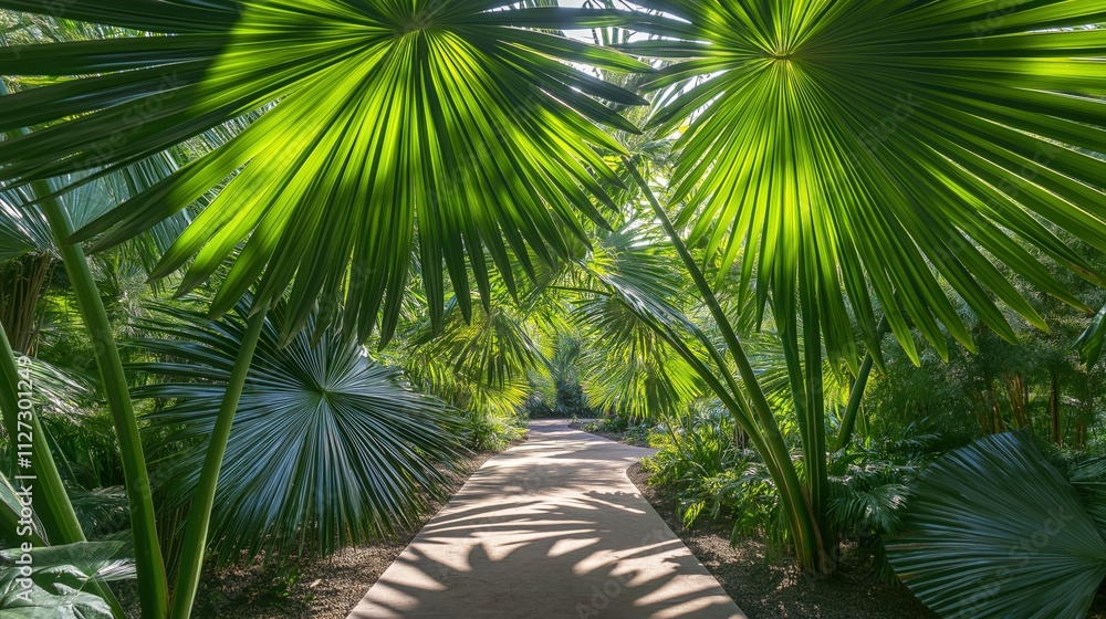 Fototapeta premium Layered Palm Fronds Create a Natural Canopy With Soft Shadows in a Tranquil Garden Path