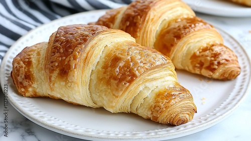 Two golden-brown croissants on a white plate.