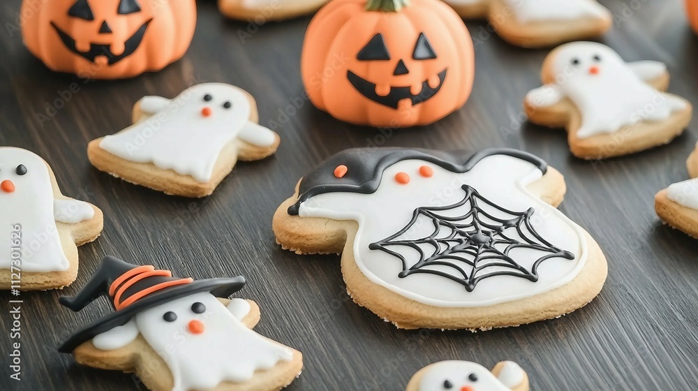 Festive Halloween Cookies with Ghosts and Pumpkins on Wooden Table Festive Halloween Cookies with Ghosts and Pumpkins on Wooden Table