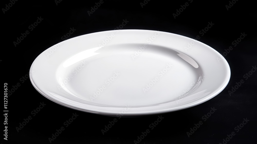 Elegant white porcelain plate on a black background showcasing simplicity and versatility for dining and culinary presentations. Elegant white porcelain plate on a black background showcasing simplicity and versatility for dining and culinary presentations.
