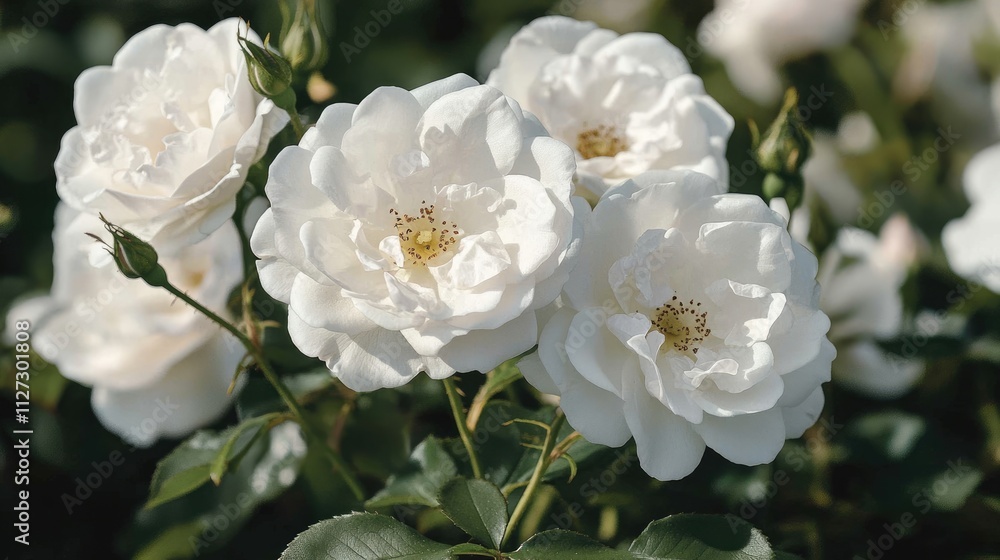 Delicate white wild roses in soft sunlight highlighting their beauty in a shady garden setting with rich green foliage background. Delicate white wild roses in soft sunlight highlighting their beauty in a shady garden setting with rich green foliage background.