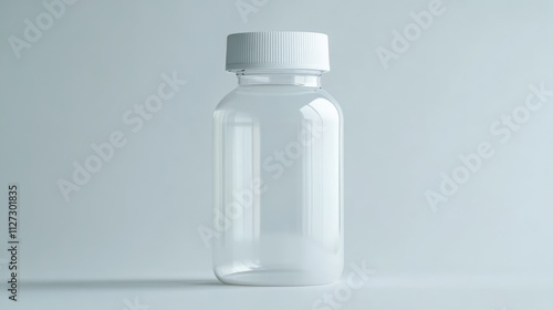 Clear plastic container for antiseptic cleaning products with a white screw-on cap, set against a minimalist white background, product packaging, hygiene, healthcare.