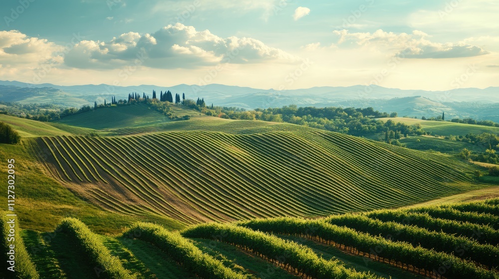 Panoramic view of rolling hilly landscape with lush green furrows and cultivated fields under a bright sky with clouds, agricultural scenery, nature, travel, picturesque background. Panoramic view of rolling hilly landscape with lush green furrows and cultivated fields under a bright sky with clouds, agricultural scenery, nature, travel, picturesque background.