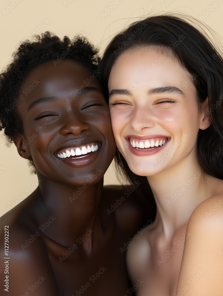 Two women smiling brightly against a beige background Two women smiling brightly against a beige background