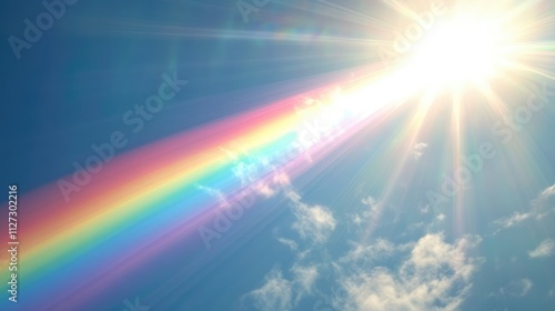 wind turbine under bright sun with vibrant rainbow and blue sky illustrating renewable energy and nature's beauty