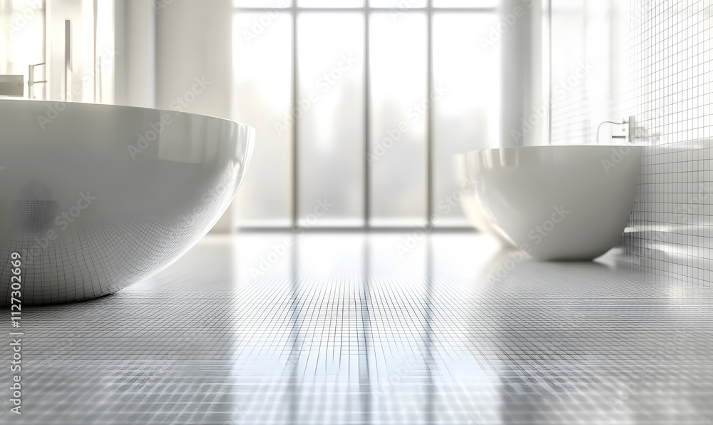 A 3D depiction of a white mosaic countertop blurred view of a bathroom or shower room, modern interior design from a perspective view. a grid pattern texture, providing an empty space for a background A 3D depiction of a white mosaic countertop blurred view of a bathroom or shower room, modern interior design from a perspective view. a grid pattern texture, providing an empty space for a background