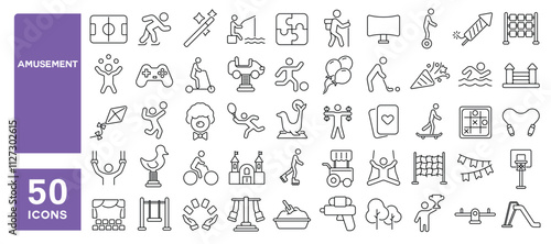 Set of 50 line icons related to amusement, entertainment, park, play, area, game, leisure, fun, activity, Editable stroke. Vector illustration