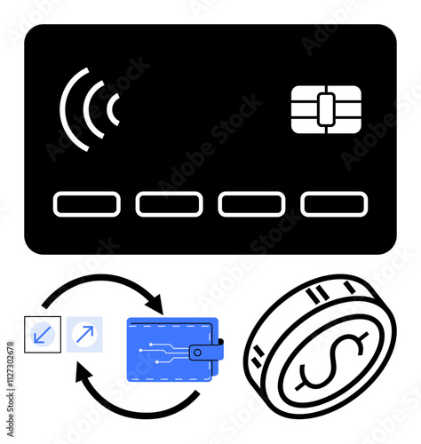 Contactless payment card with wireless signal, digital wallet icon with arrows, and coin. Ideal for finance, banking, digital payments, contactless transactions, e-commerce, cryptocurrency fintech