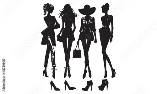 Silhouette vector illustration of a group of fashionable women in stylish dresses posing
