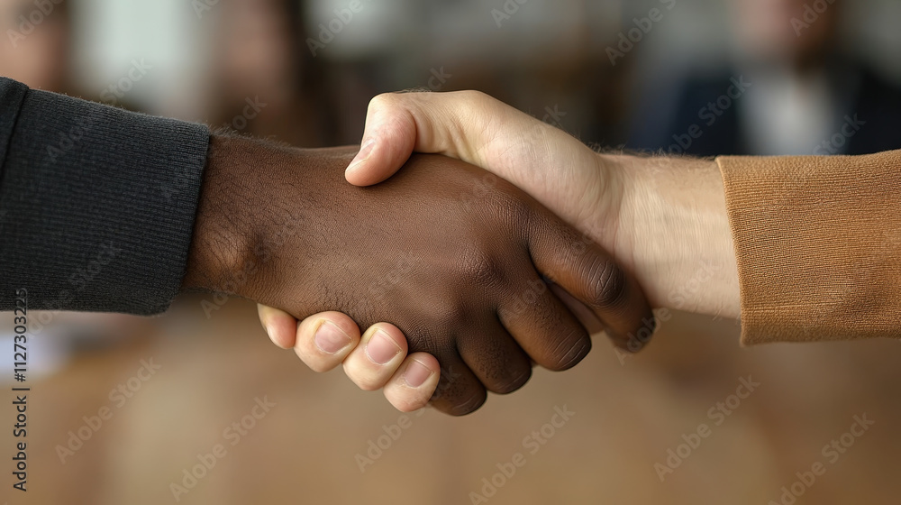 Close up of two business people shaking hands in professional setting, symbolizing agreement and collaboration. diverse skin tones highlight inclusivity and teamwork Close up of two business people shaking hands in professional setting, symbolizing agreement and collaboration. diverse skin tones highlight inclusivity and teamwork