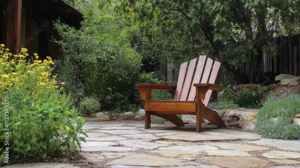 Wooden Adirondack chair in serene garden setting surrounded by lush greenery and vibrant flowers on a stone pathway Wooden Adirondack chair in serene garden setting surrounded by lush greenery and vibrant flowers on a stone pathway