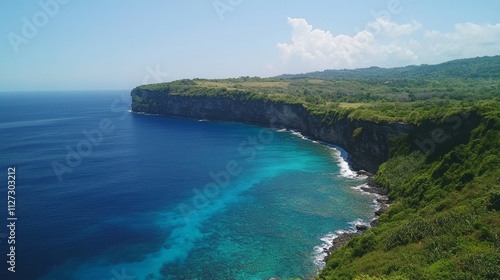 Coast as a background from top view. Turquoise water background from top view. Summer seascape from air. Nusa Penida island, Indonesia. Travel - image