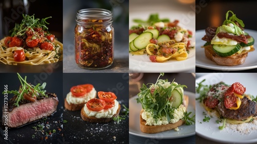 Collage of fresh vegetables and a variety of delicious foods and appetizers on plates.