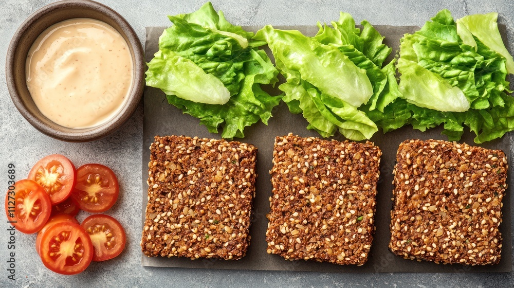 A plate with three sesame seed patties, lettuce, sliced tomatoes, and a dipping sauce. A plate with three sesame seed patties, lettuce, sliced tomatoes, and a dipping sauce.