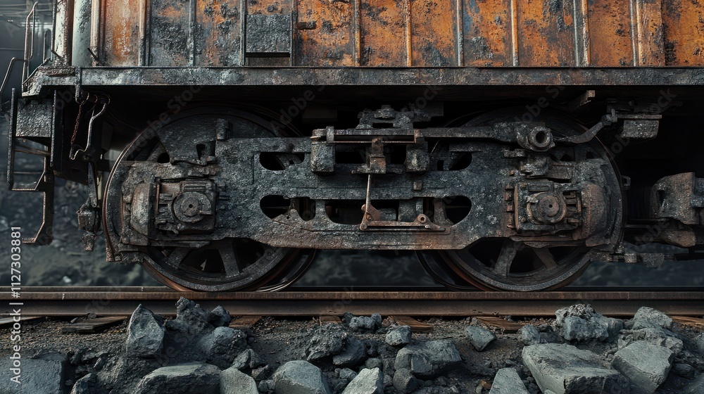 Industrial scene of train wheels on tracks, coal-laden locomotive, detailed and raw, moving through the railroad Industrial scene of train wheels on tracks, coal-laden locomotive, detailed and raw, moving through the railroad