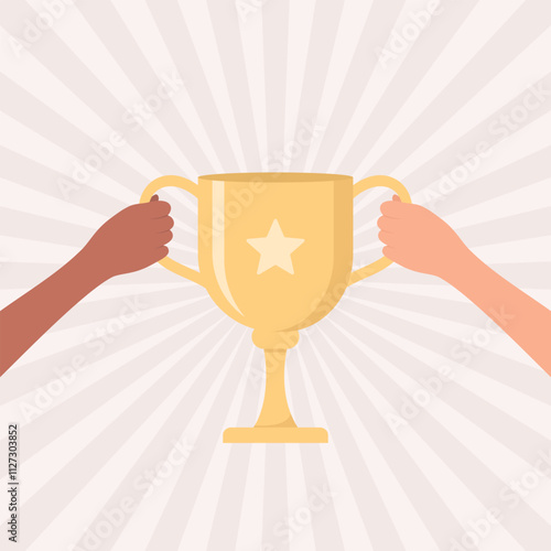 Two hands of people of different skin tones holding a golden trophy cup on a beige background with radial rays, flat vector illustration
