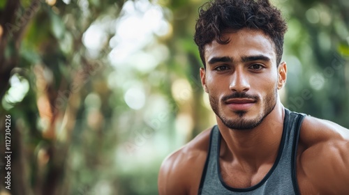 Portrait of a confident young athletic man with a defined physique, wearing a sleeveless sports shirt, set against a lush green outdoor background, fitness, lifestyle, healthy living.