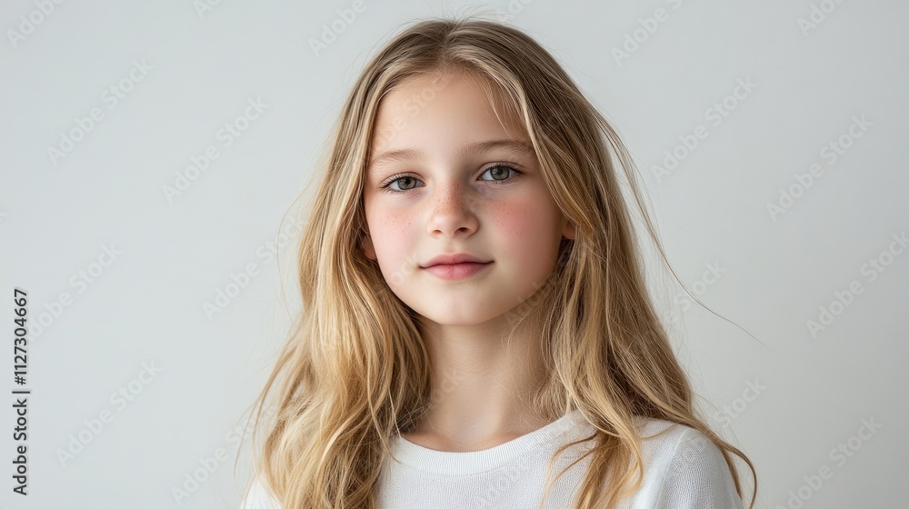 Elegant young girl with soft blonde hair posing gracefully against a minimalistic white background ideal for beauty and youth themes. Elegant young girl with soft blonde hair posing gracefully against a minimalistic white background ideal for beauty and youth themes.
