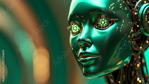 Portrait of A Emerald Whisper Color Humanoid Robot