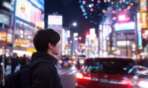 A person gazes at a vibrant cityscape filled with lights.