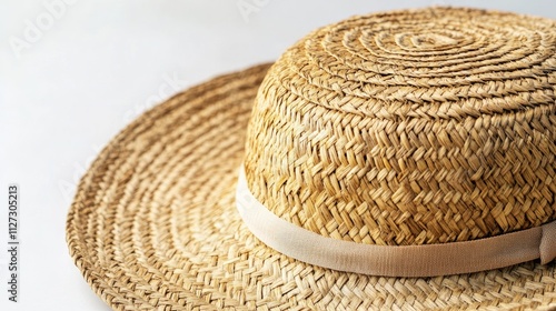 Handcrafted beige straw hat with ribbon band on a white background showcasing its wide brim and artisanal design ideal for summer fashion decor photo