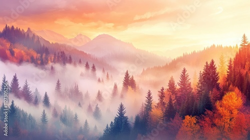 Serene autumn panorama of misty forest hills at sunrise showcasing vibrant fall colors and low-lying clouds in a tranquil landscape setting