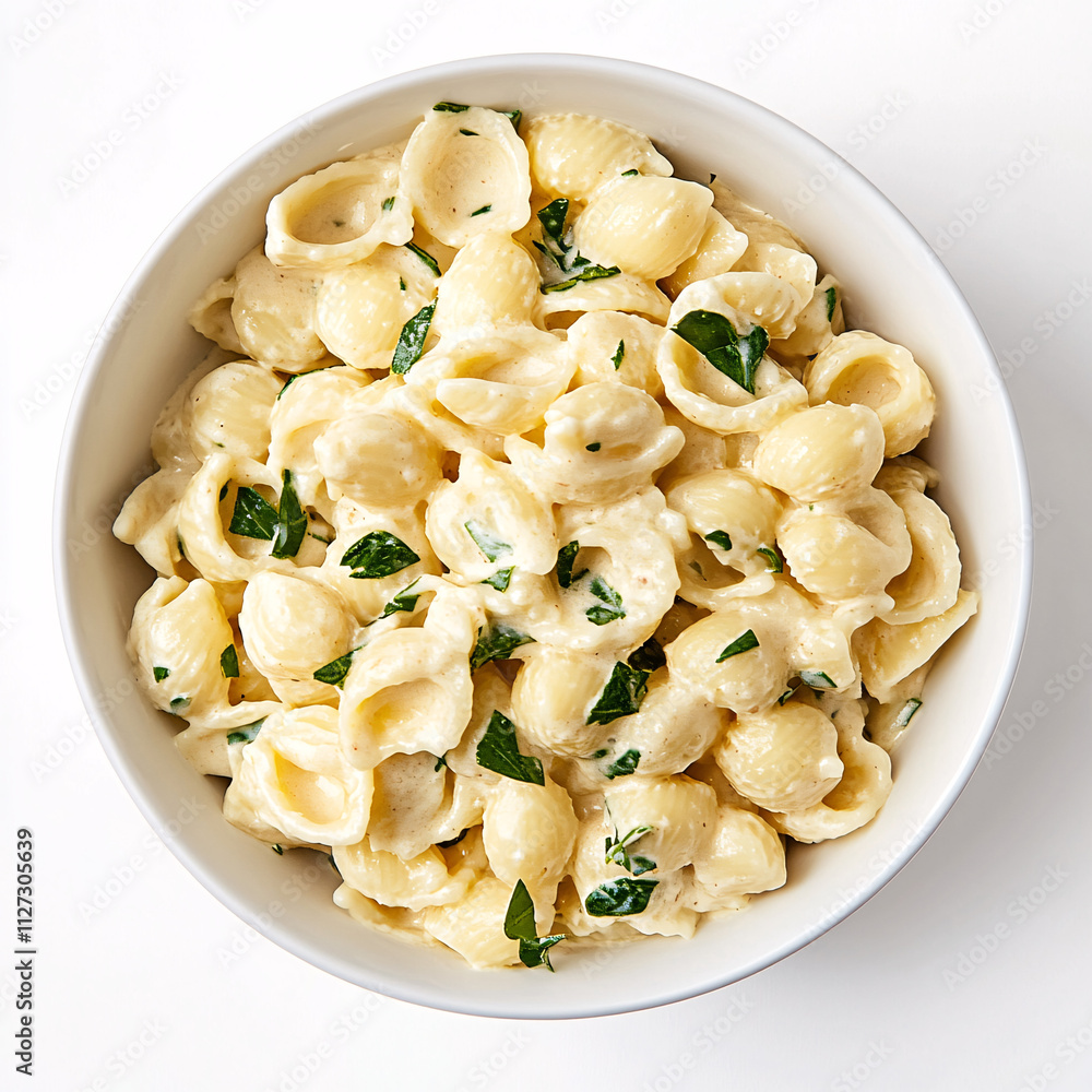 isolated bowl of creamy alfredo pasta with parsley isolated bowl of creamy alfredo pasta with parsley