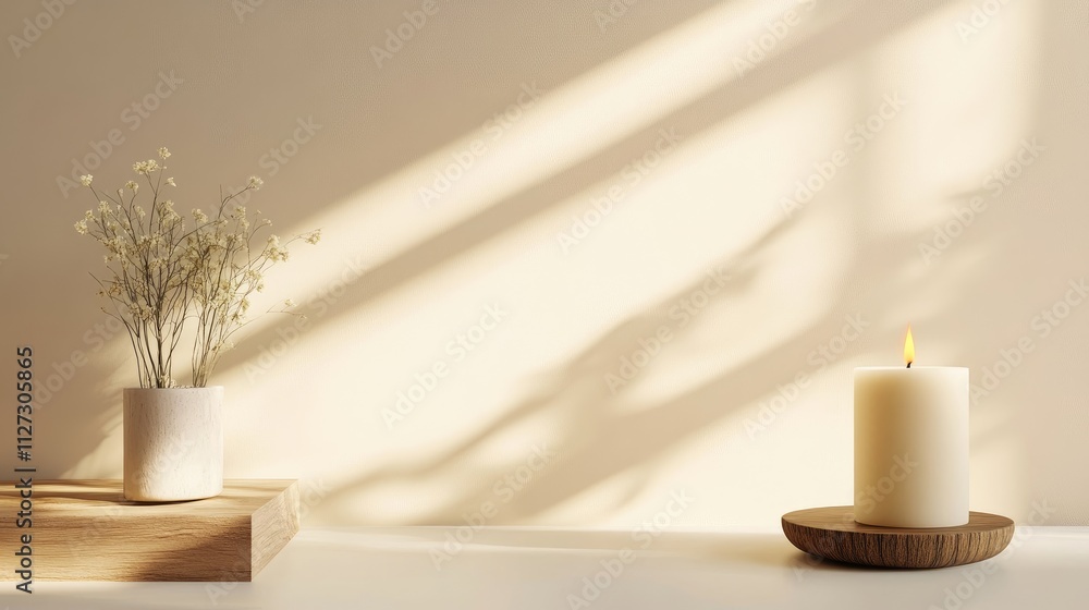 Elegant white candle on a wooden stand casting soft shadows against a minimalist beige wall with a delicate flower arrangement nearby Elegant white candle on a wooden stand casting soft shadows against a minimalist beige wall with a delicate flower arrangement nearby