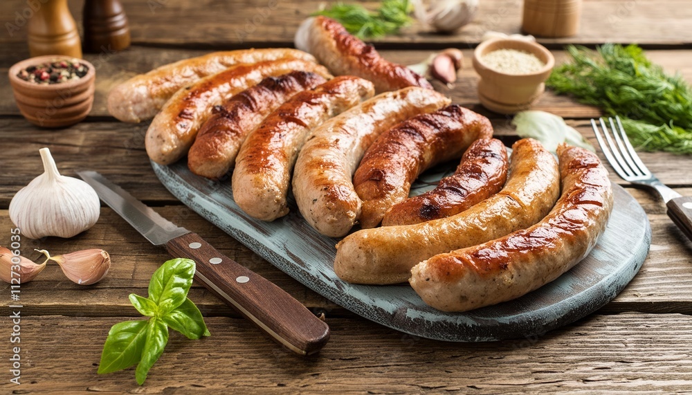 Savory Homemade Sausage Grilled with Fresh Herbs on a Rustic Wooden Table A Delightful Culinary Experience for Food Lovers and Grill Enthusiasts Alike Savory Homemade Sausage Grilled with Fresh Herbs on a Rustic Wooden Table A Delightful Culinary Experience for Food Lovers and Grill Enthusiasts Alike