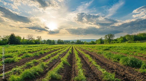 Dill Vegetable Plants in a Rural Field at Sunset Showcasing Lush Greens and Cultivation in a Scenic Landscape