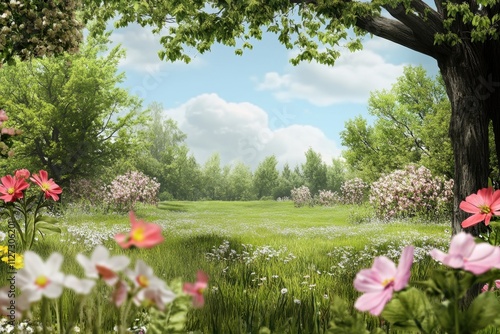 Vibrant spring landscape with blooming flowers and lush green trees in a serene setting