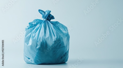 Blue garbage bag filled with waste isolated on a light background representing cleanliness and waste management concepts photo