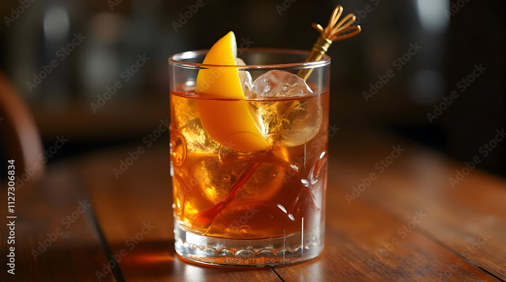 A Deliciously Crafted Cocktail with Ice and Citrus Garnish on a Rustic Wooden Table A Deliciously Crafted Cocktail with Ice and Citrus Garnish on a Rustic Wooden Table