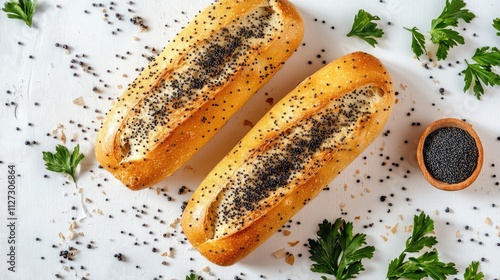 Poppy Seed Baguettes on White Background Surrounded by Fresh Herbs and Seeds photo