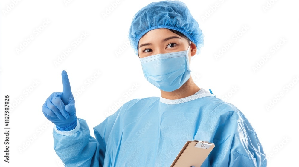 Female doctor in blue surgical attire and mask holding a clipboard with a white background conveying professionalism and healthcare themes Female doctor in blue surgical attire and mask holding a clipboard with a white background conveying professionalism and healthcare themes