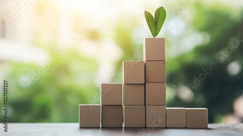 Building construction growth concept with stacked boxes and green leaf symbolizing progress and sustainability in business development. photo