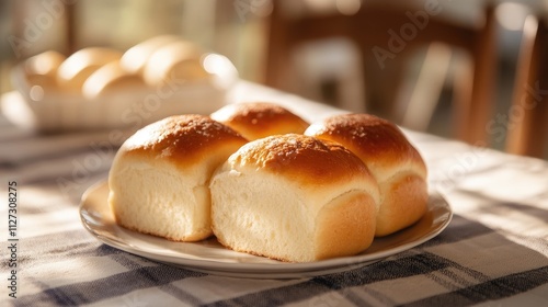 Freshly baked butter bread rolls on a rustic plate served on a checkered tablecloth in a cozy dining setting