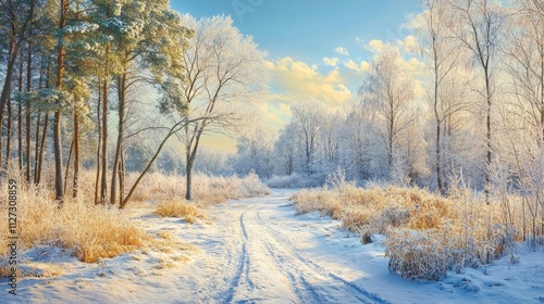 Winter wonderland landscape with snow-covered trees and tranquil path at golden hour in a serene forest setting