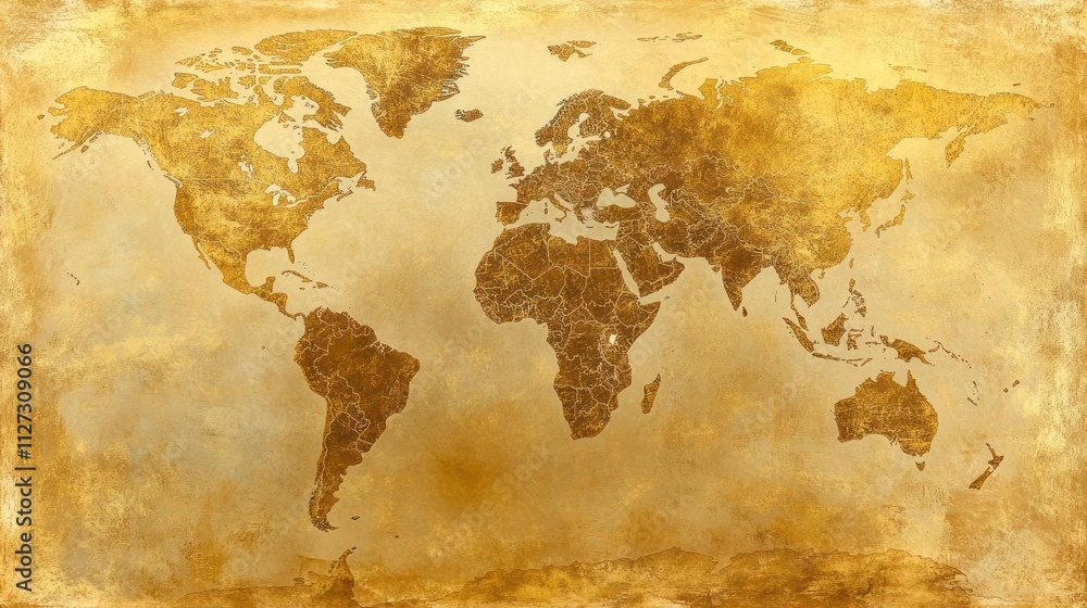 Fototapeta premium A vintage-style world map with a golden texture, emphasizing geographical features.