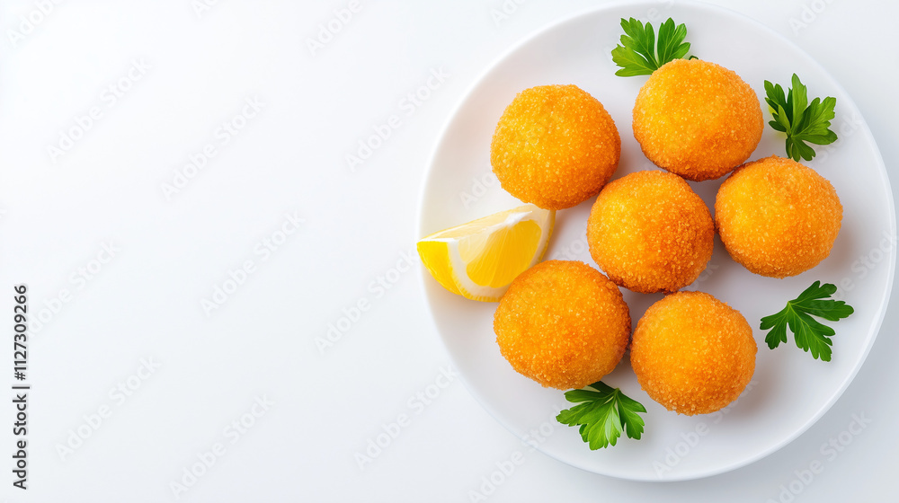 Sardine balls served on a white plate, garnished with lemon and parsley, create an inviting dish
