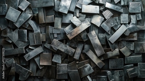 Steel alphabet letters arranged on a textured background showcasing industrial design elements and creativity in a metalwork composition. photo