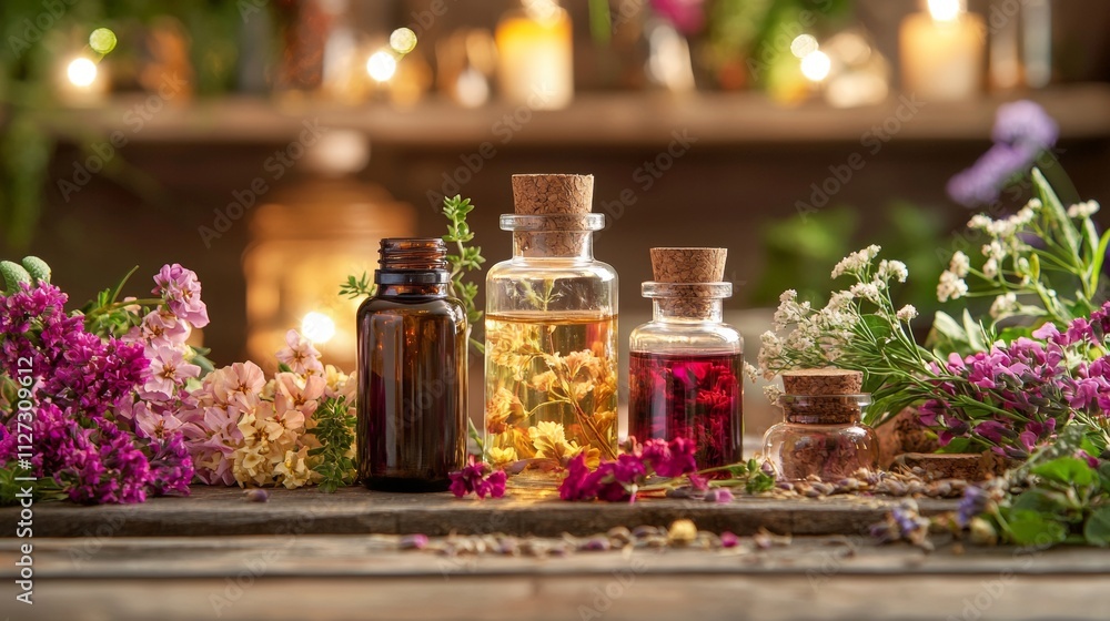 Aromatherapy essential oils with fresh flowers and candles Aromatherapy essential oils with fresh flowers and candles