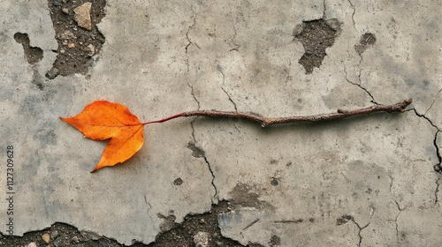 Autumn leaf and twig on cracked ground nature background ideal for seasonal themes and outdoor designs photo