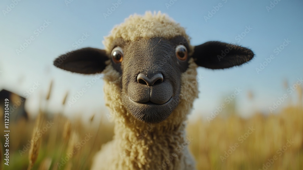 Close up of a curious sheep in a sunny farm field surrounded by grass and wildflowers capturing rural tranquility and farm life. Close up of a curious sheep in a sunny farm field surrounded by grass and wildflowers capturing rural tranquility and farm life.