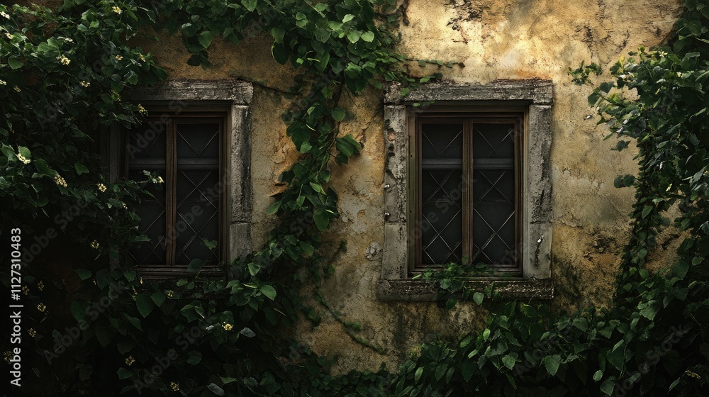 Lush climbing plants enveloping an aged building with two windows showcasing rustic charm and natural beauty Lush climbing plants enveloping an aged building with two windows showcasing rustic charm and natural beauty