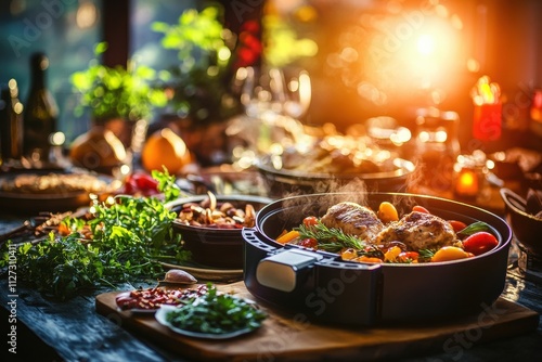 Crispy Chicken and Colorful Vegetables in an Air Fryer Under a Glowing Digital Screen, Surrounded by Fresh Herbs and a Recipe Book in a Cozy Ambiance
