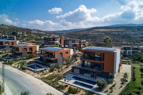 Aerial View of Sustainable Modern Residential Complex with Solar Panels